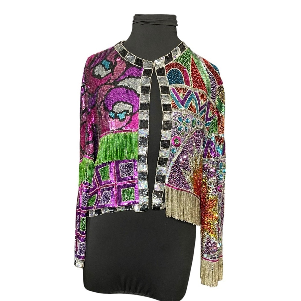 RARE Fringe Beaded Bolero Naeem Khan Riazee / Bright Retro Funky Novelty Jacket